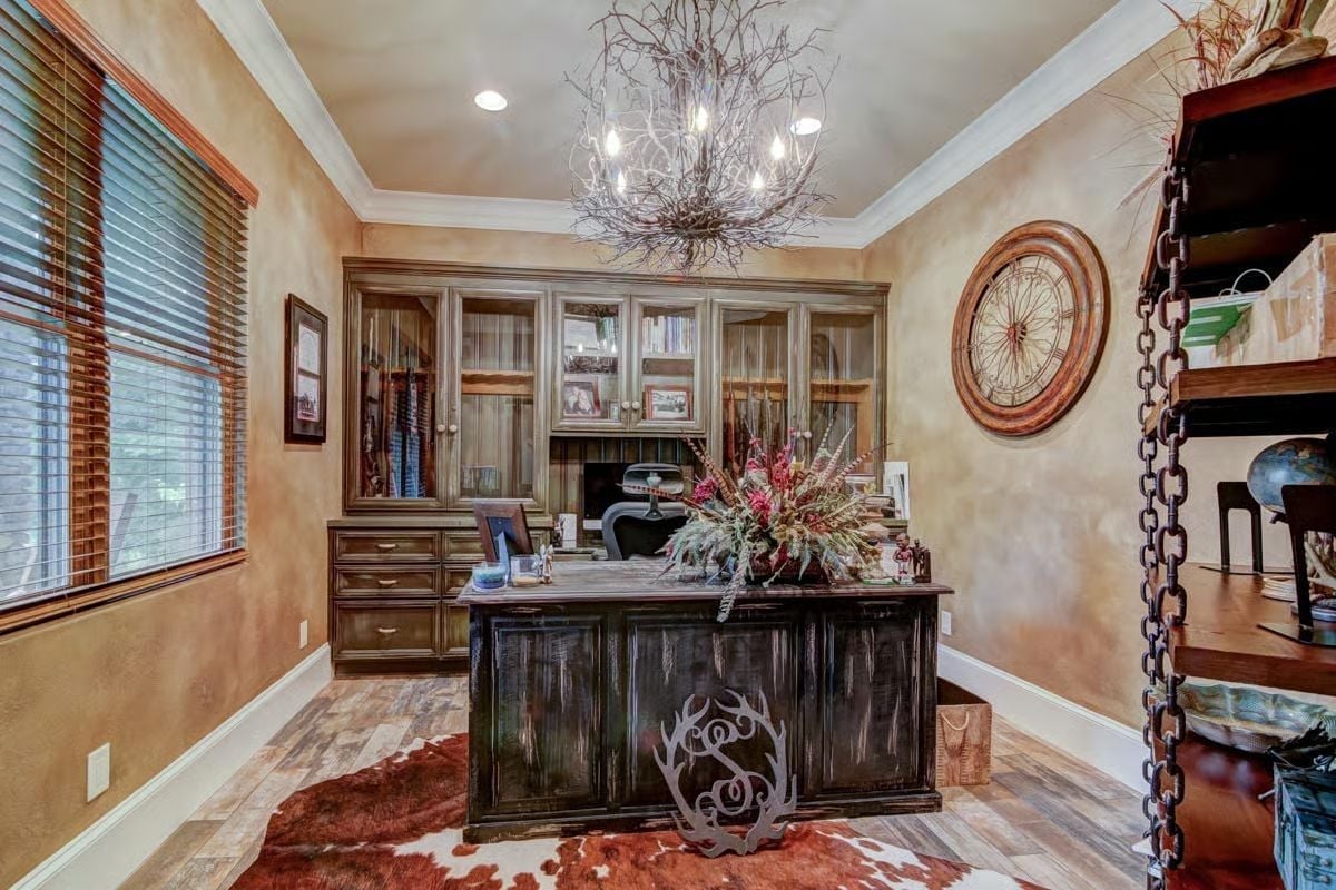 Antler Monogram Desk and Twig Chandelier Make This Office Unmistakably Personal
