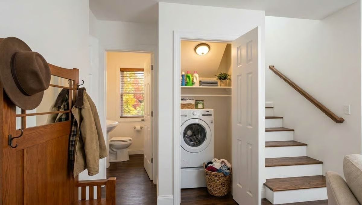 Laundry Tucked Under the Stairs, Bathroom Two Steps Away, Coat Hooks by the Door
