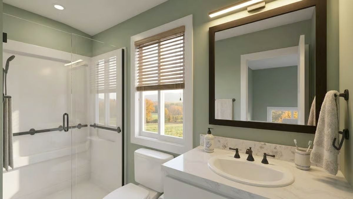 Sage Walls and a Glass Shower That Lets the View Do the Work