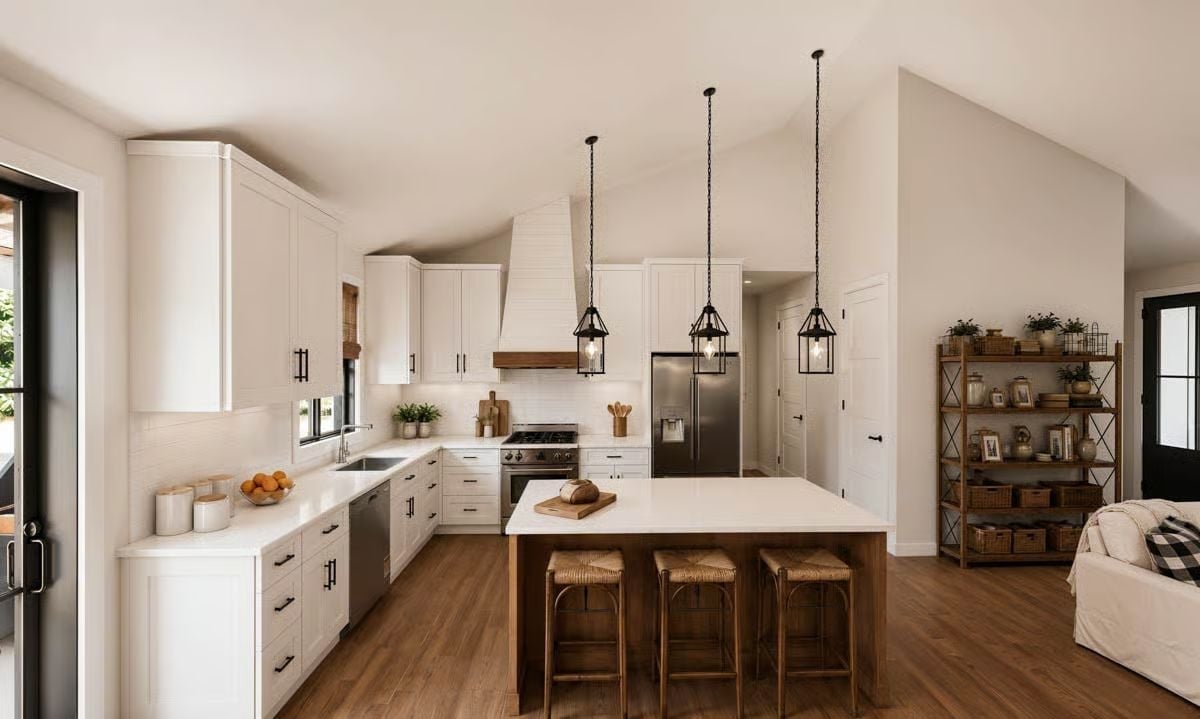 Black Lantern Pendants and a Wood Island Base That Earn Their Keep