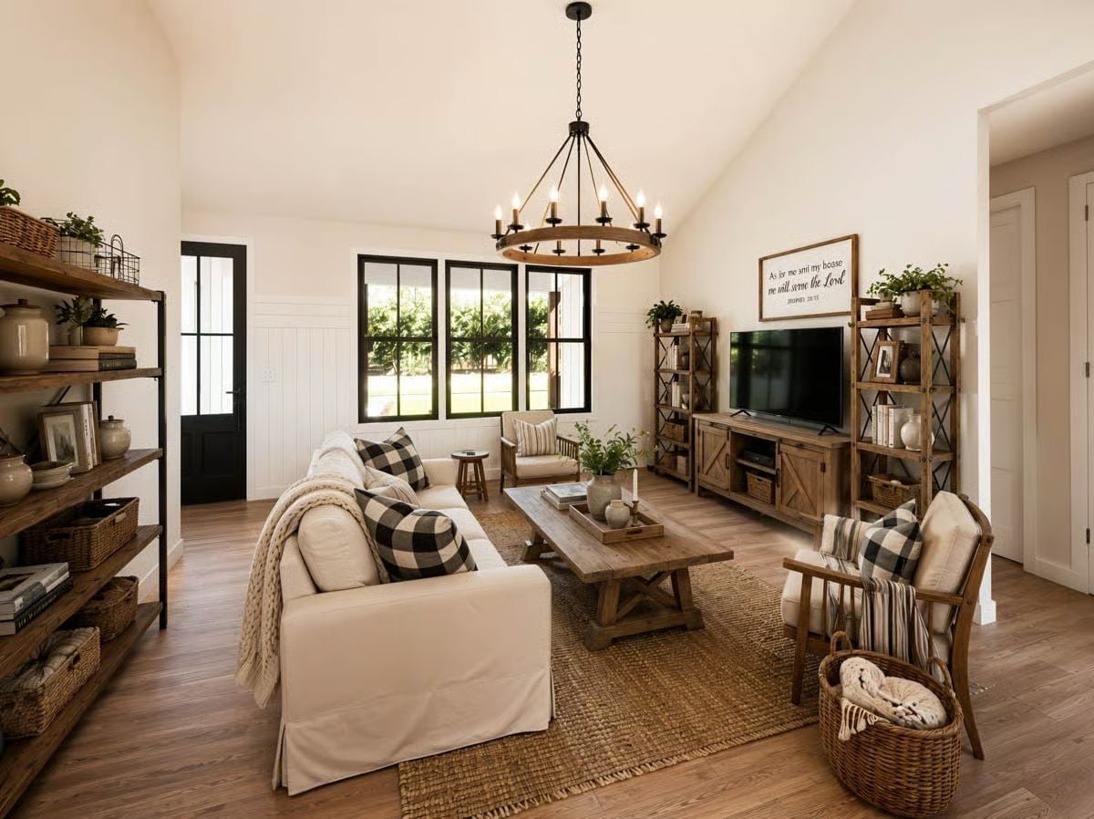Buffalo Check Pillows, Jute Rugs, and a Chandelier That Actually Fits the Room