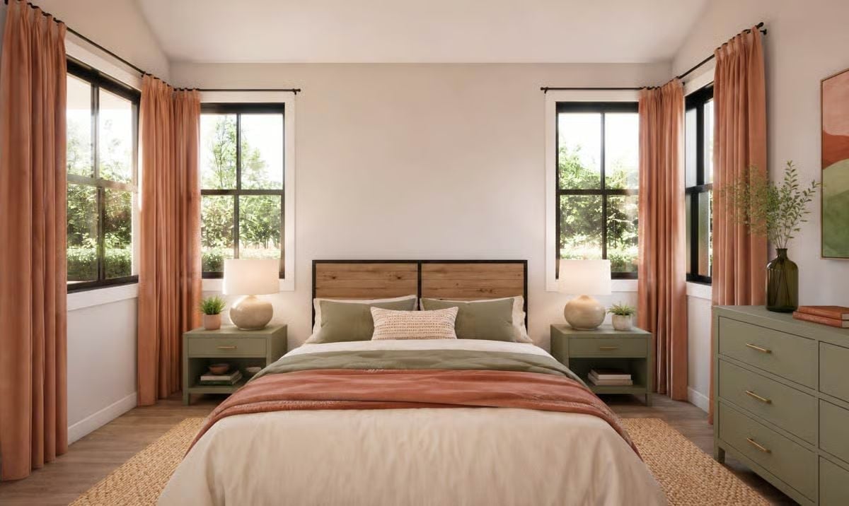 Sage Green Nightstands and Terracotta Curtains That Actually Belong Together