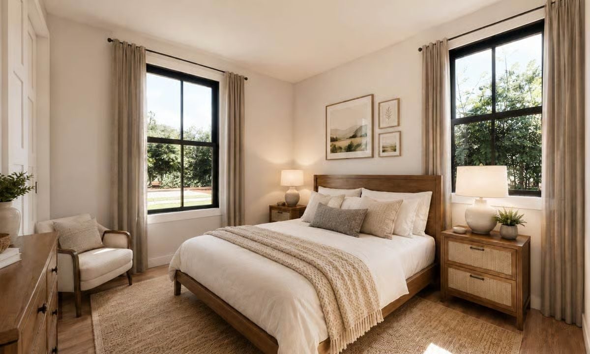 Warm Wood, Black Window Frames, and Linen Curtains That Know When to Stop