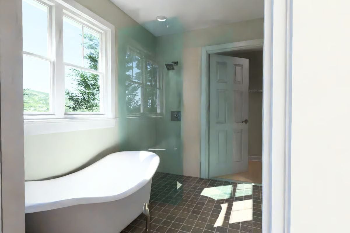Freestanding Tub Positioned to Catch Every Bit of That Window Light