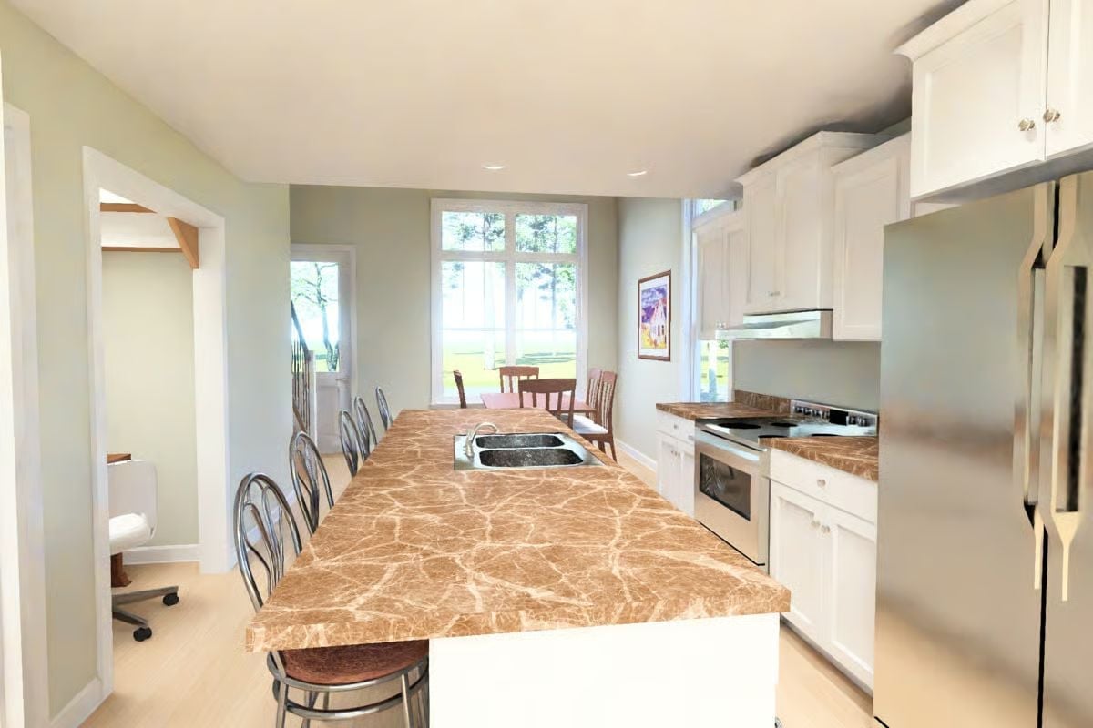 Marble-Look Island With a Sink That's Clearly Not Centered (And That's Fine)