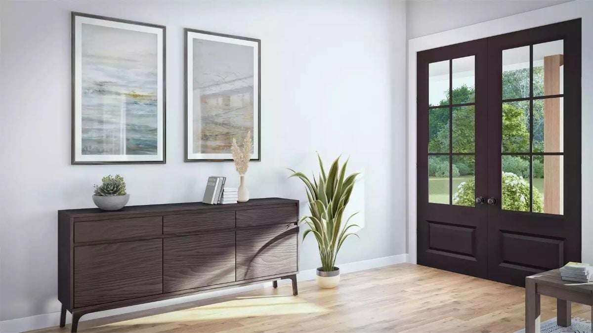 Dark Wood Credenza and French Doors That Make an Entryway Feel Like a Destination