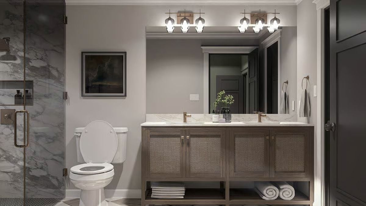 Cane-Front Vanity and Pendant Lights That Know How to Share a Room