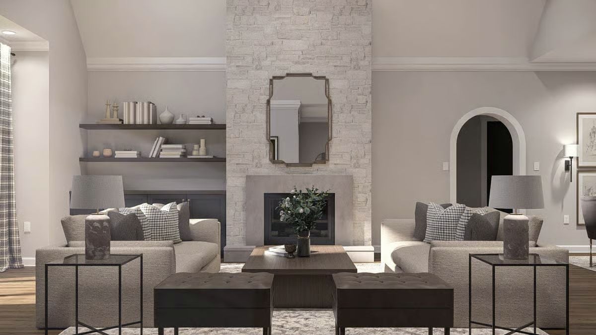 Whitewashed Stone Fireplace That Earns Every Inch of Wall Space