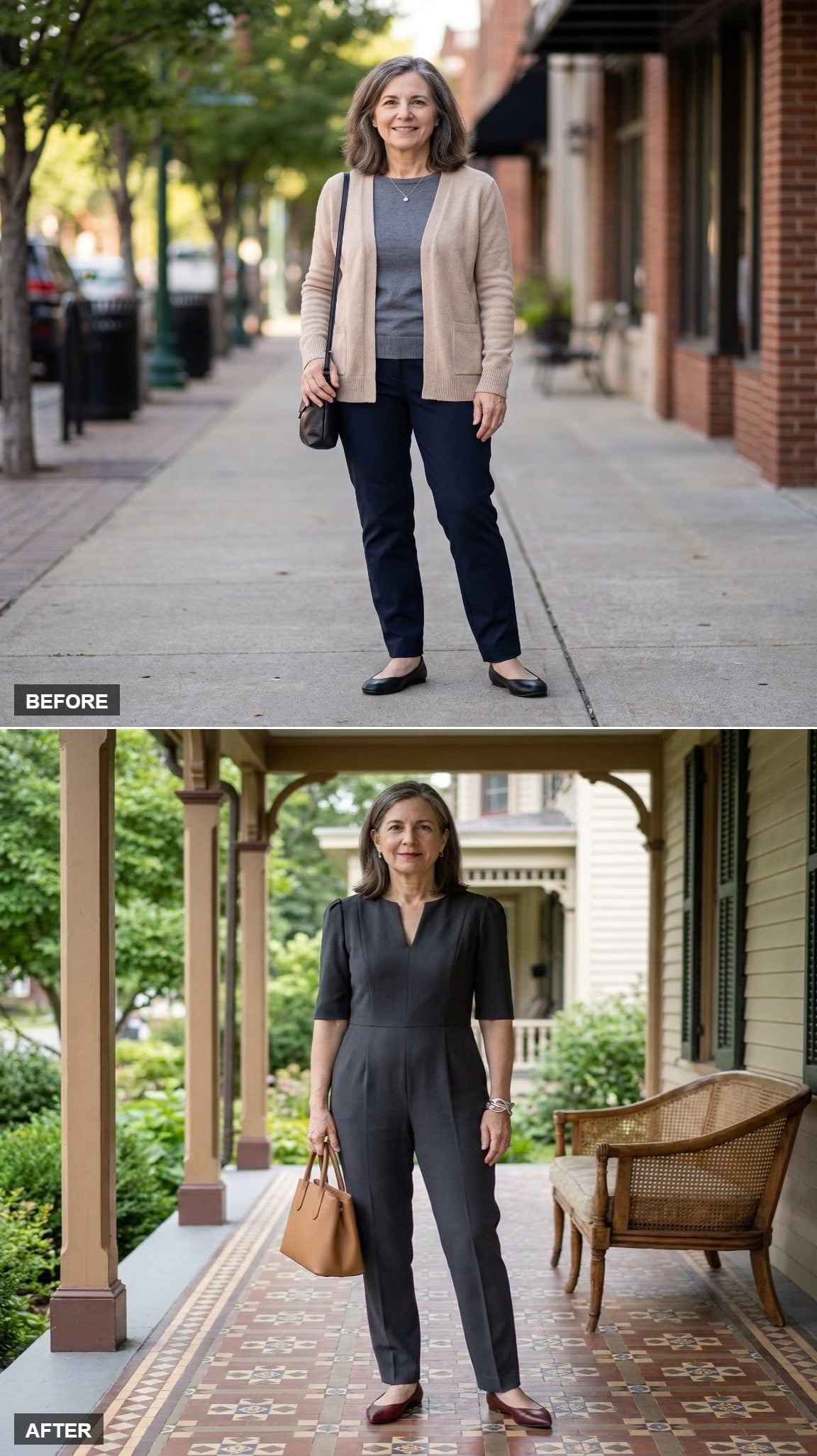 Charcoal Crepe Jumpsuit With Oxblood Flats on a Timber Veranda