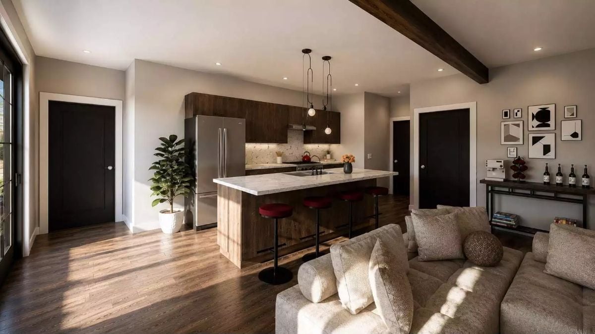 Dark Cabinetry and a Marble Island That Make an Open Kitchen Feel Intentional