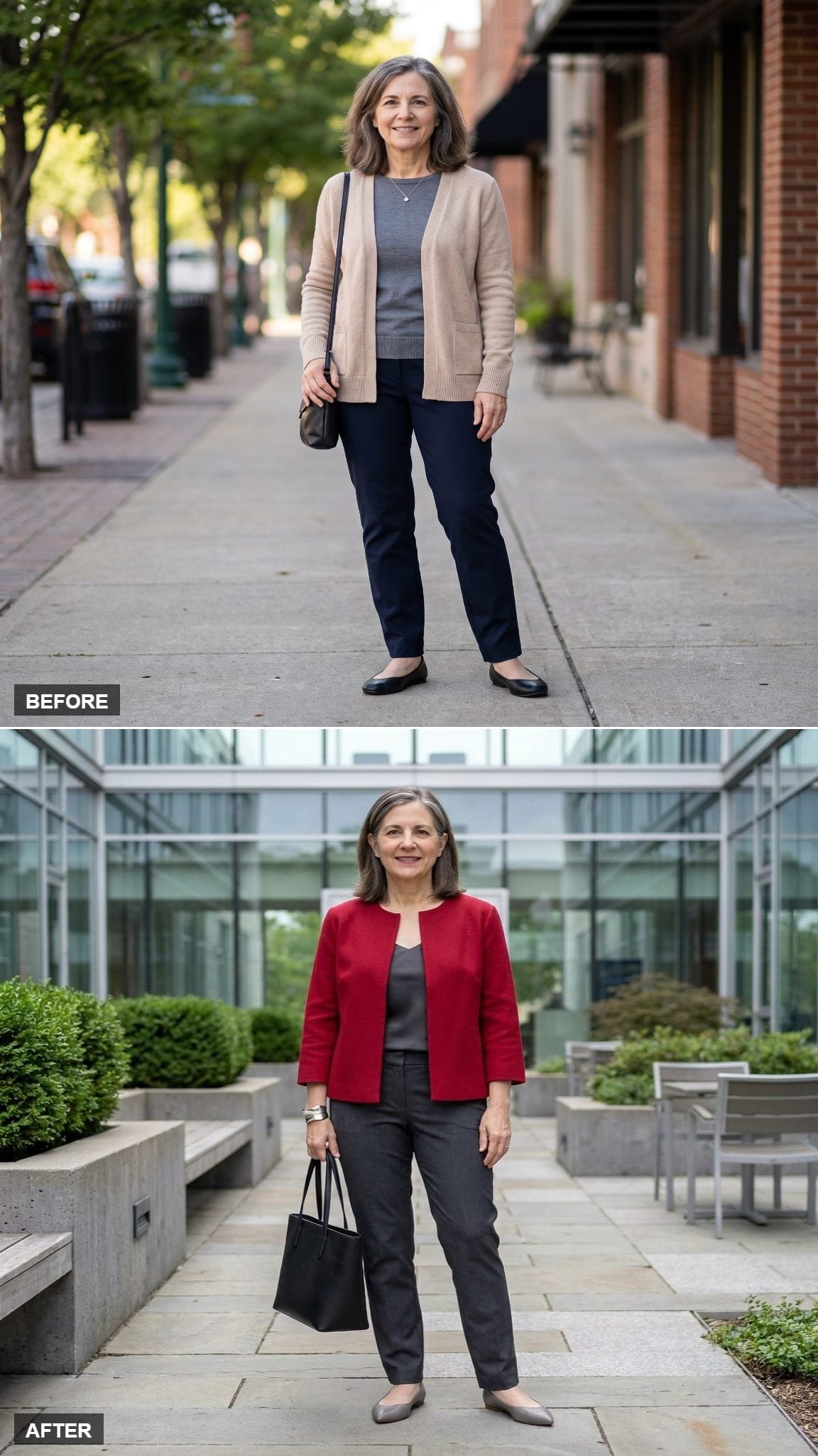 Cherry Red Collarless Jacket and Charcoal Trousers in a Modern Courtyard