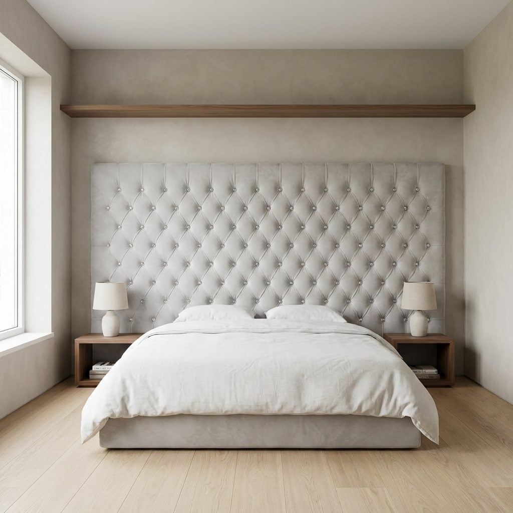 Choosing an Oversized Diamond-Tufted Headboard With Crystal-Like Buttons