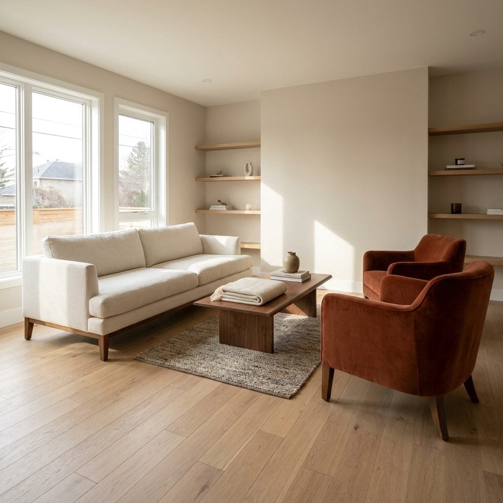 Contemporary living room with a small rug only under the coffee table, all sofa and chair legs on bare floor.