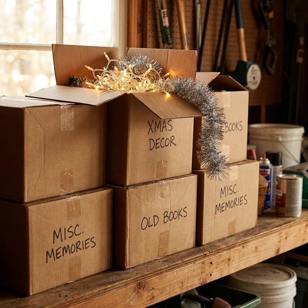Christmas Decorations in Cardboard Boxes Labeled in Marker