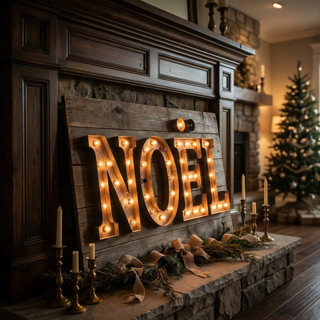 Limestone fireplace with a wide wooden holiday sign leaning centered on the mantel above shiplap.