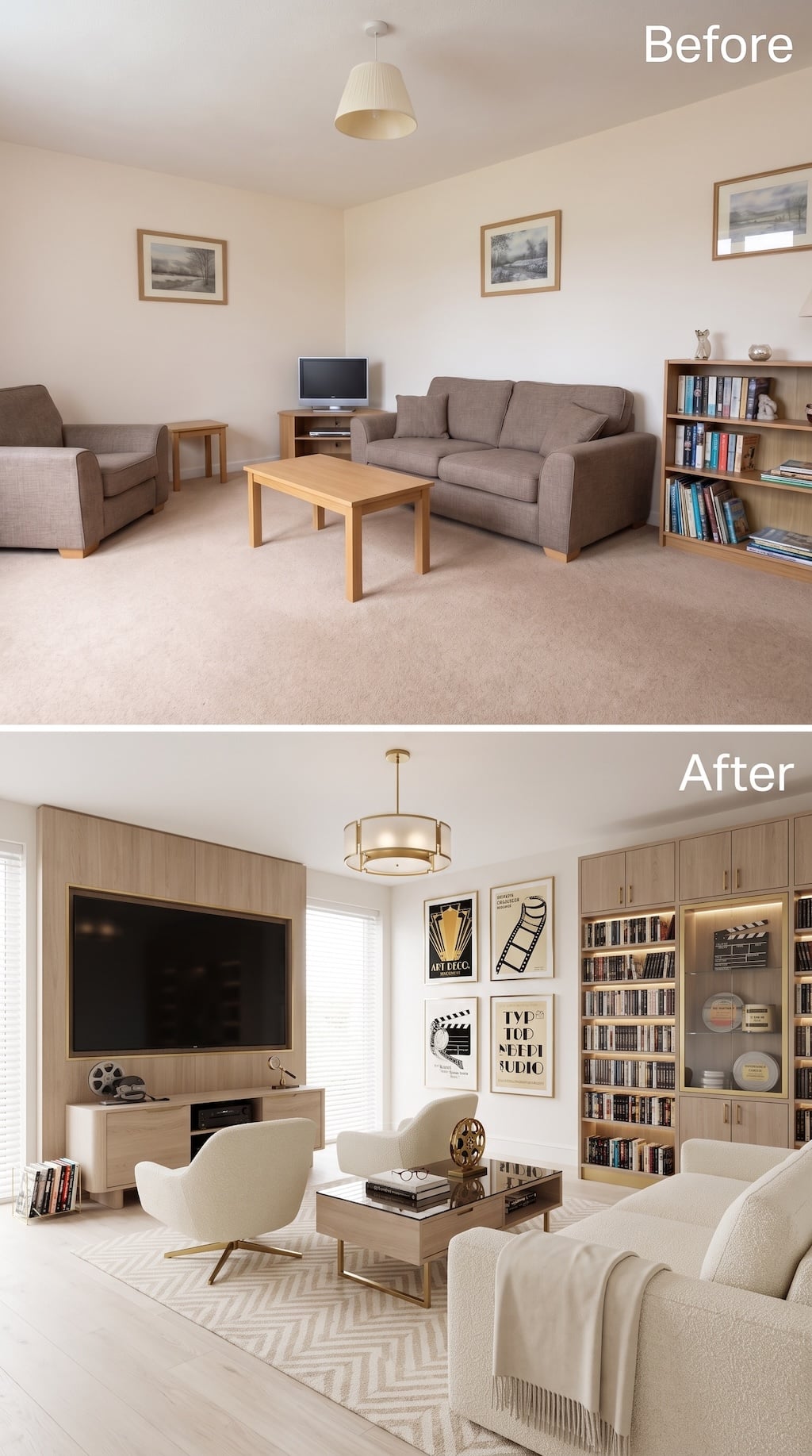 Before and after living room transformed into a bright cinema collection room with media shelving