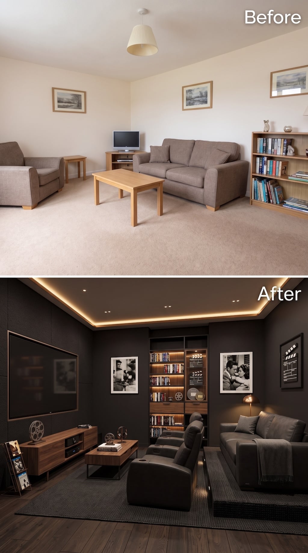 Before and after living room transformed into a dark home cinema with film memorabilia and media storage