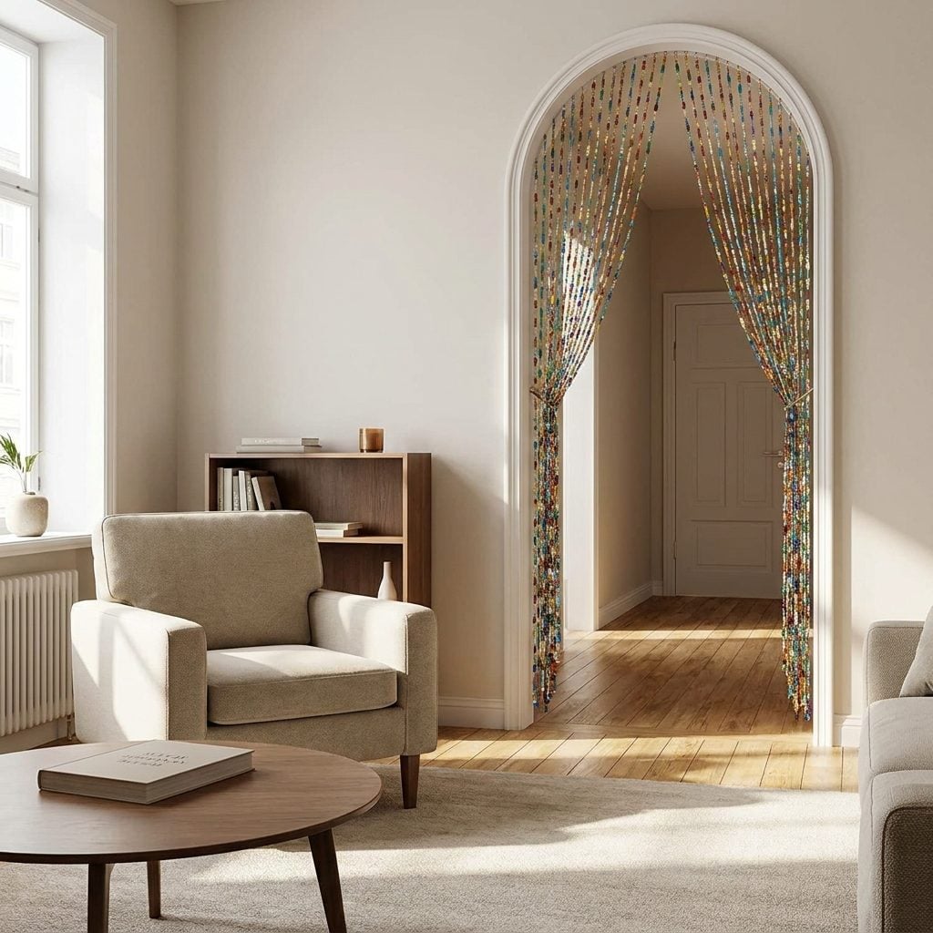 Wooden beaded curtain hanging in a 1970s doorway