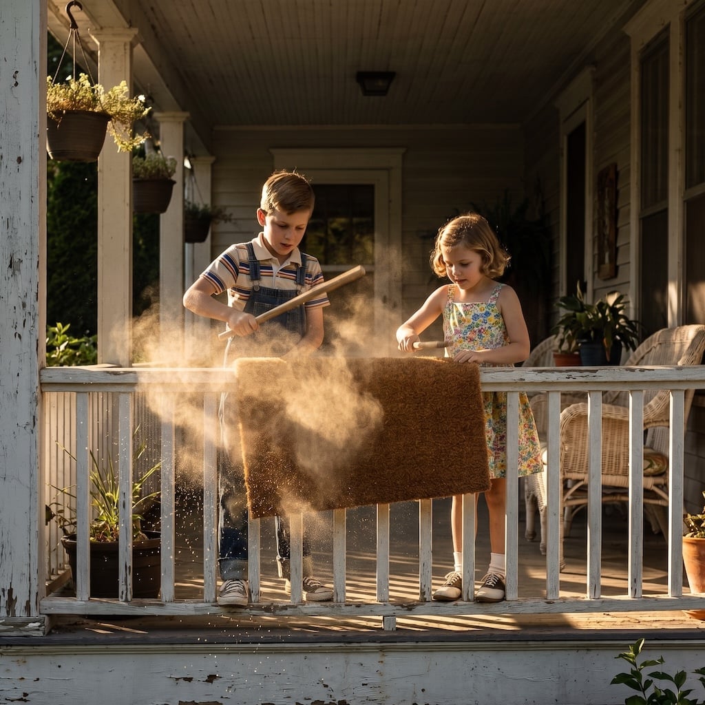 A child shaking dust from a welcome mat outside the house