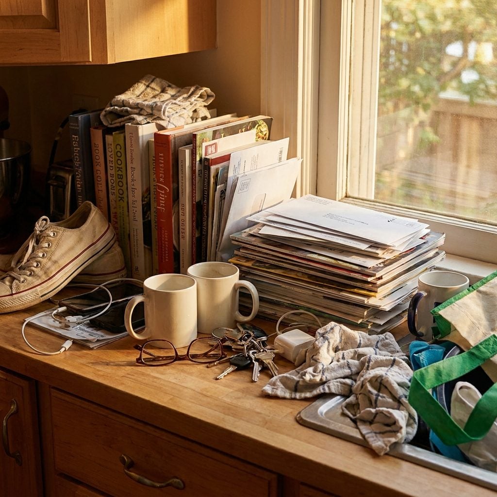The Cluttered Surface That Raises the Room's Tension Before Anyone Says a Word