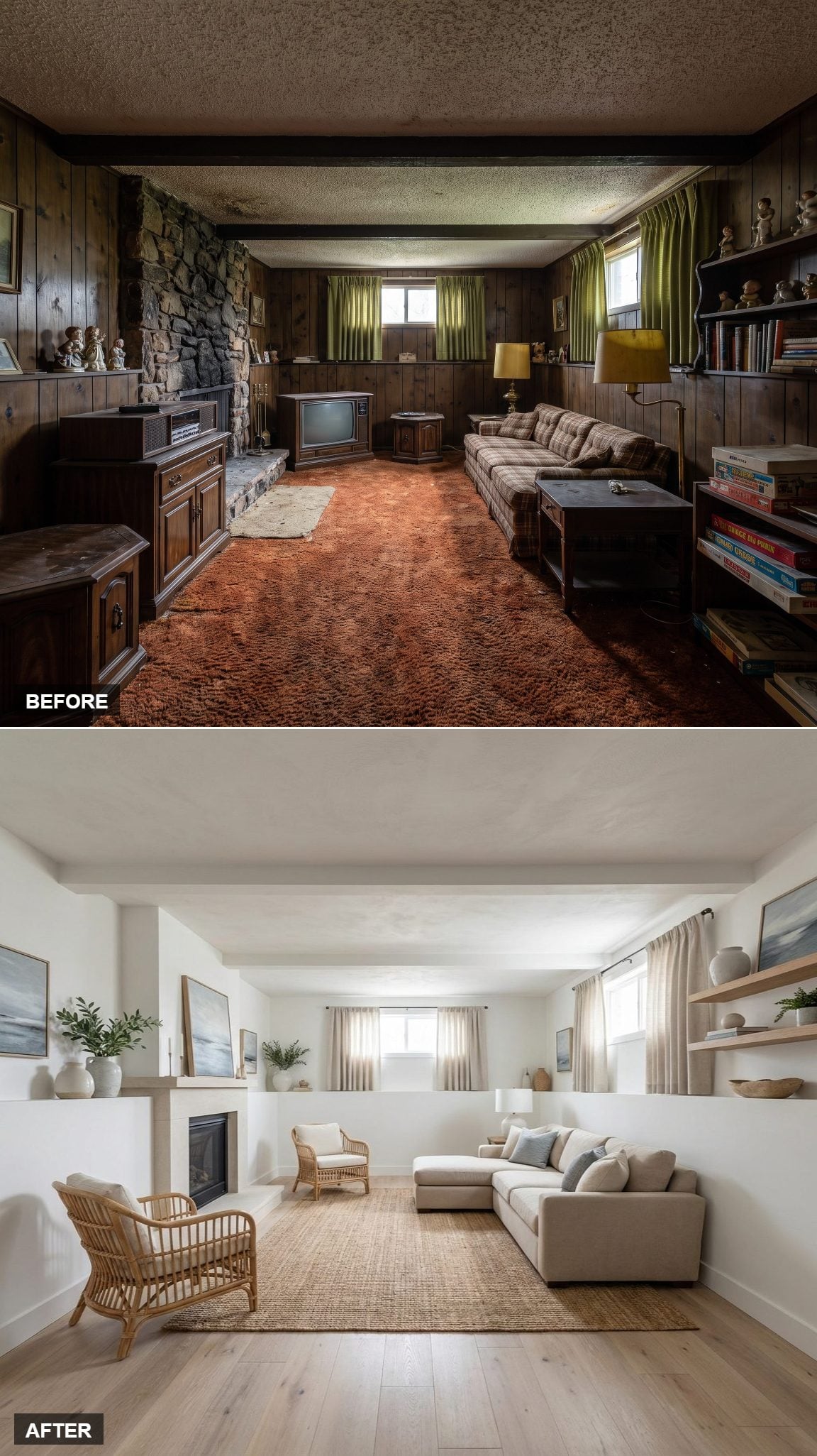 Coastal Contemporary Brings Driftwood Oak and Rattan to the Old Paneled Den
