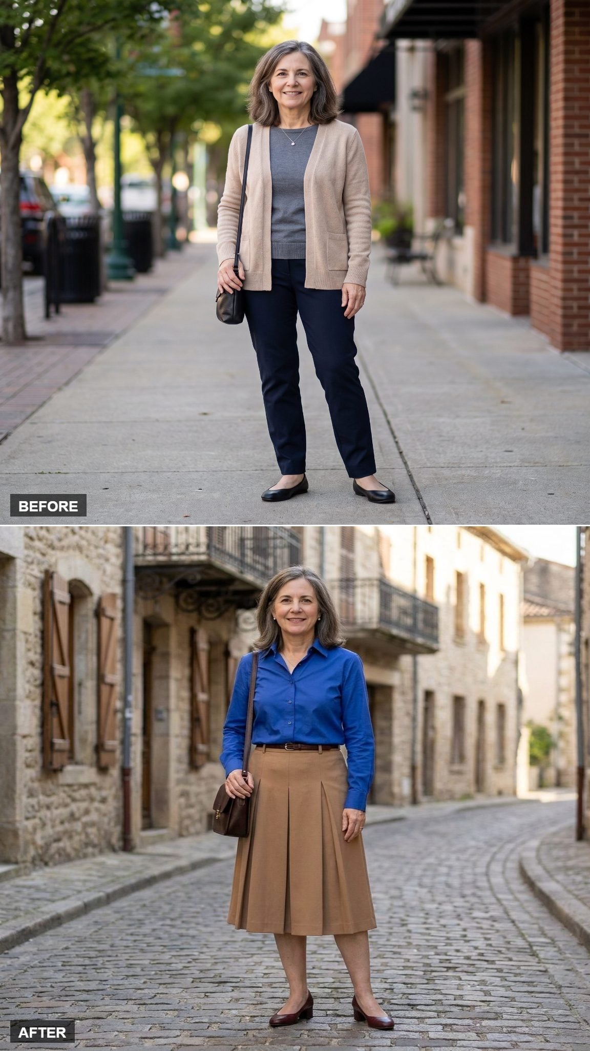 Cobalt Poplin Shirt, Camel Midi Skirt, and Cobblestones Underfoot