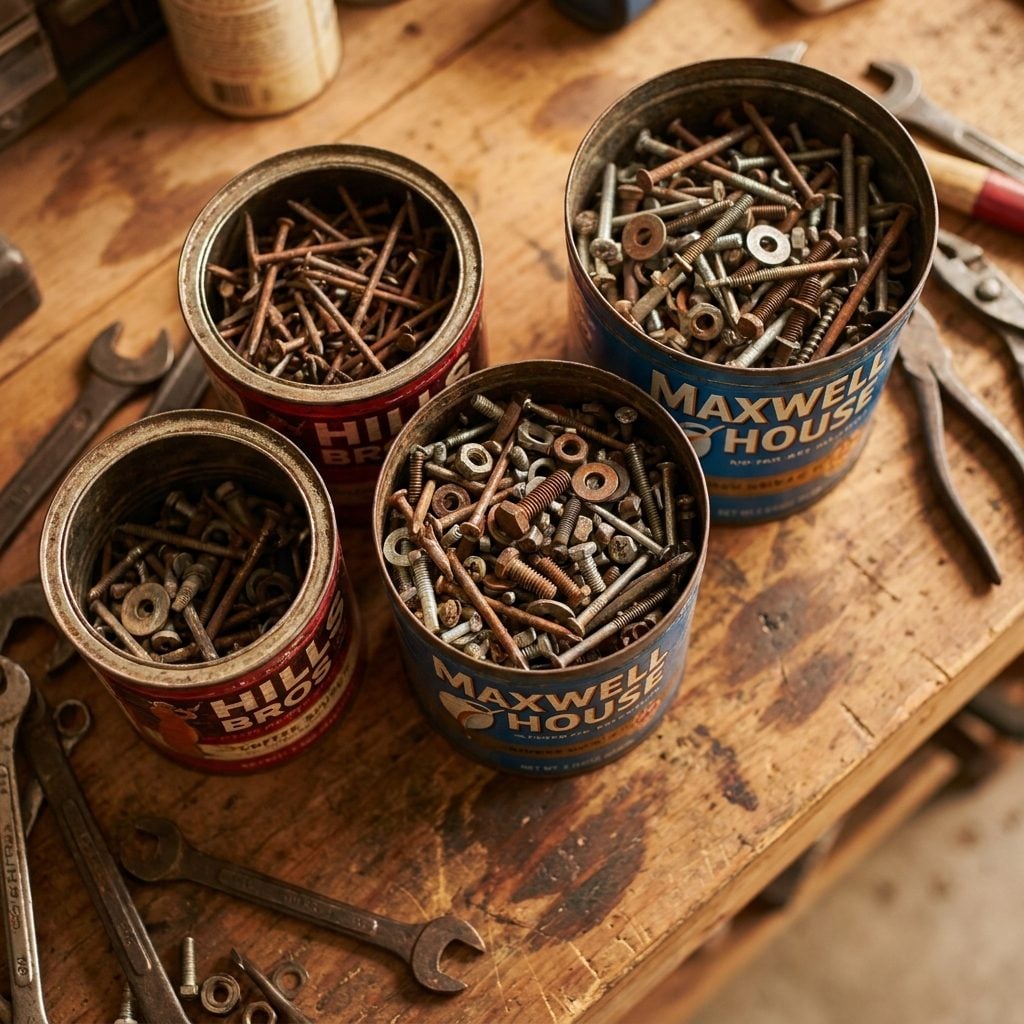 Coffee Cans Full of Nails, Screws, and Mystery Hardware