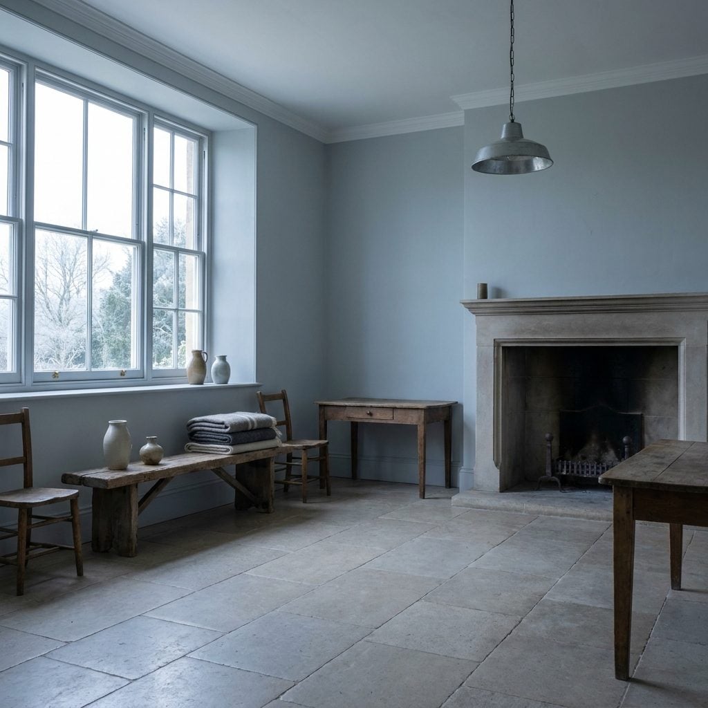 Large north-facing living room with high ceilings painted pale blue-gray under cool daylight.