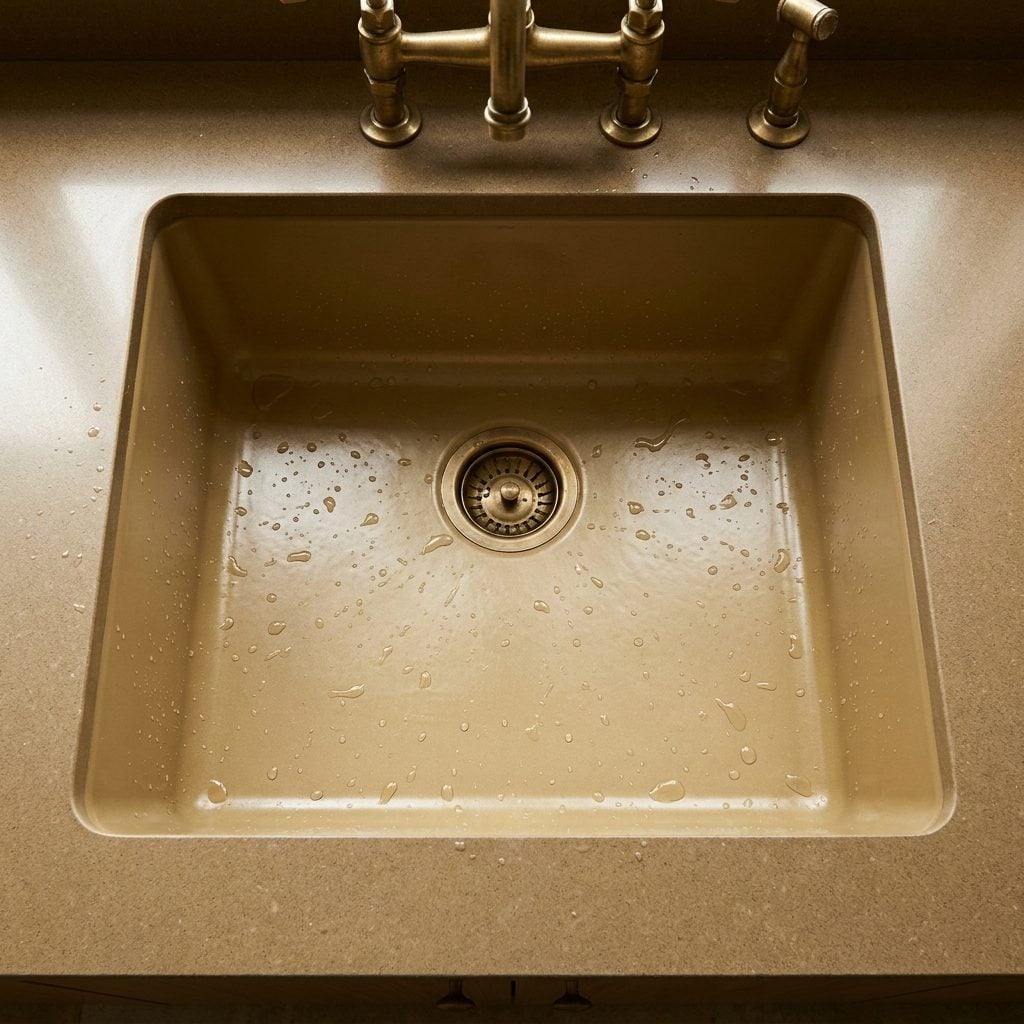 Colored kitchen sink coordinated with a warm retro palette