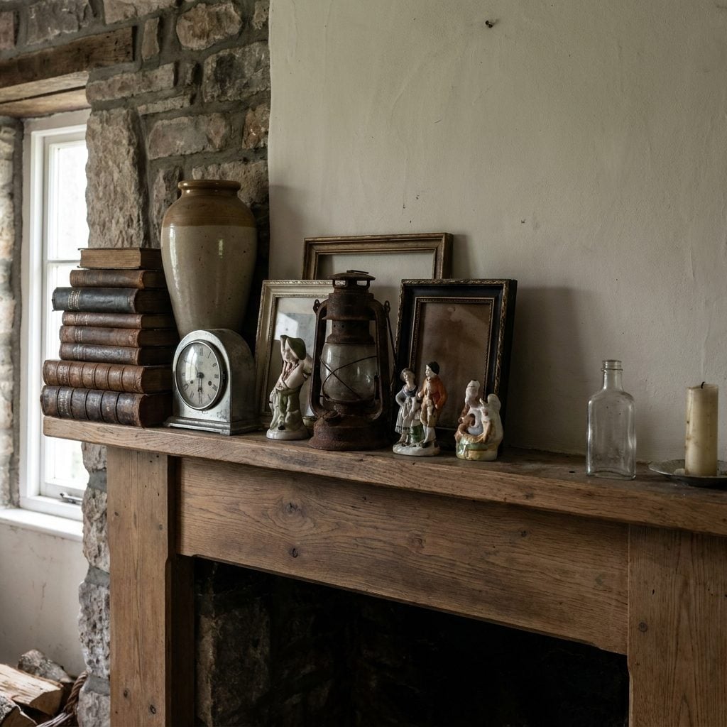 White brick fireplace mantel with all the decorations grouped at the left end and one pinecone on the right.