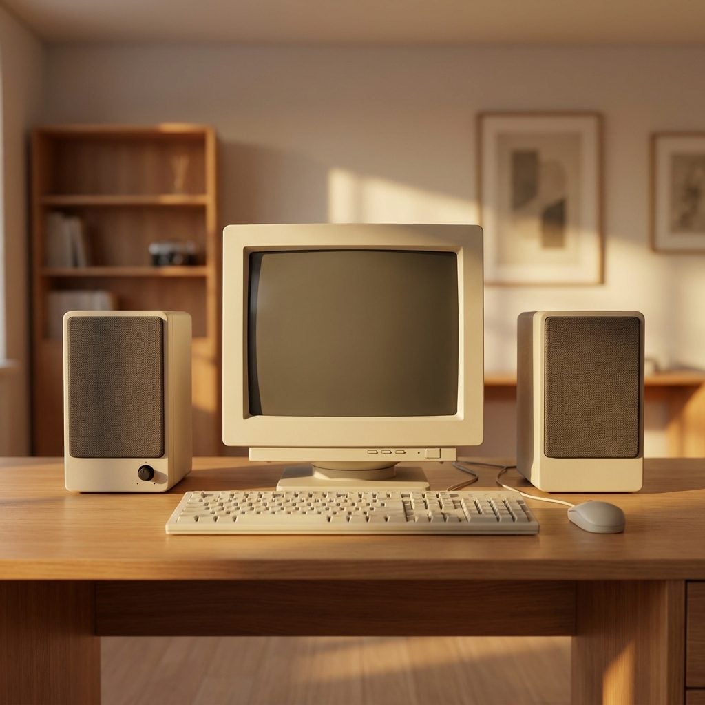 Computer Speakers Sitting on Either Side of the Monitor