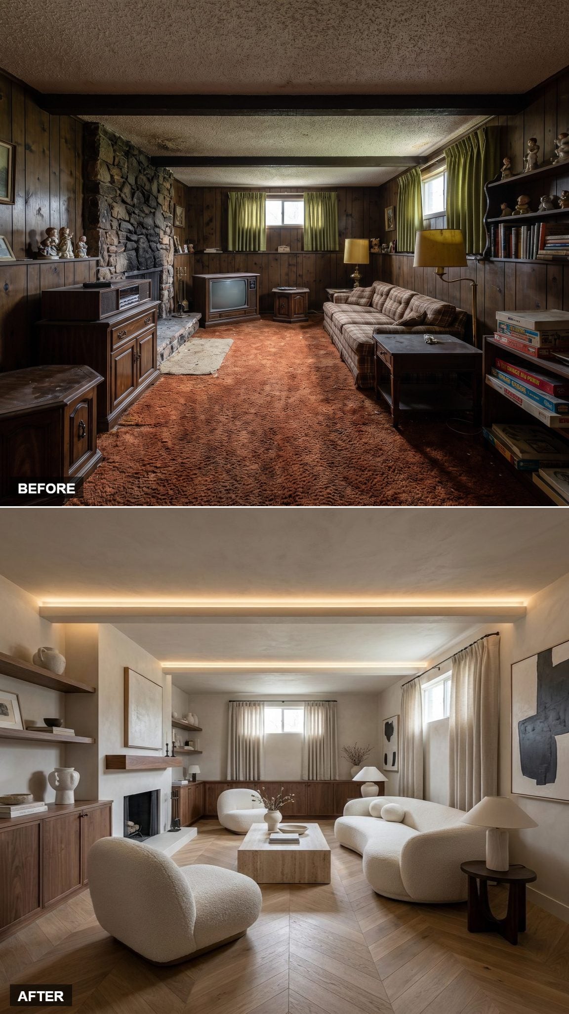 Contemporary European Elegance with Boucle, Travertine, and Chevron Oak