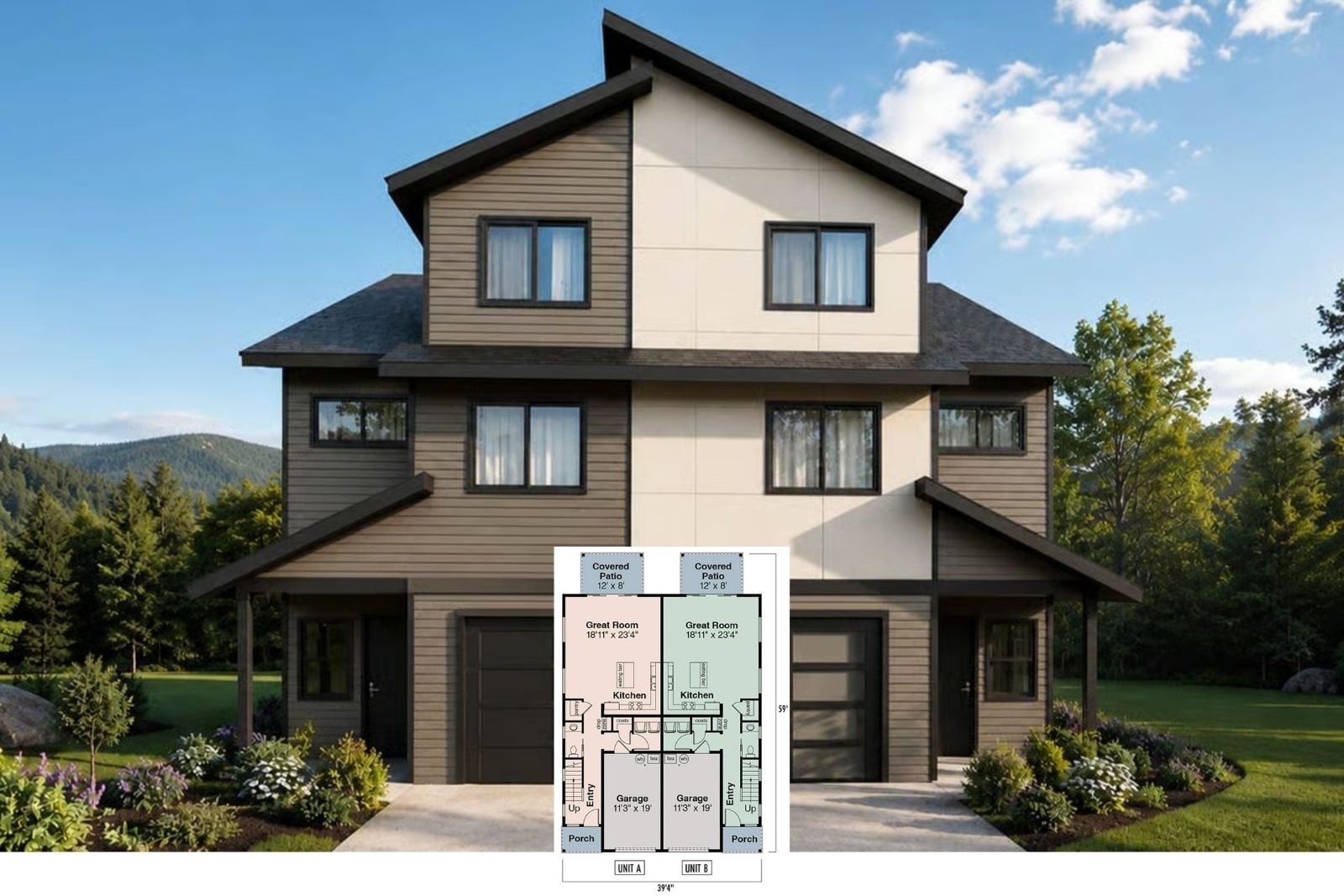 The Timberline Twins 5-Bedroom Contemporary Multi-Family House Plan with Covered Patio (4,810 Sq. Ft. Floor Plan)