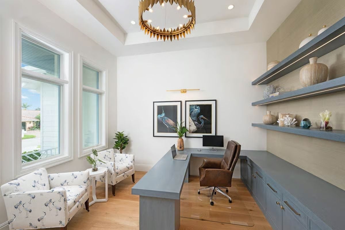 Blue-Gray Built-Ins, Bird Art, and a Desk That Actually Has Room to Think