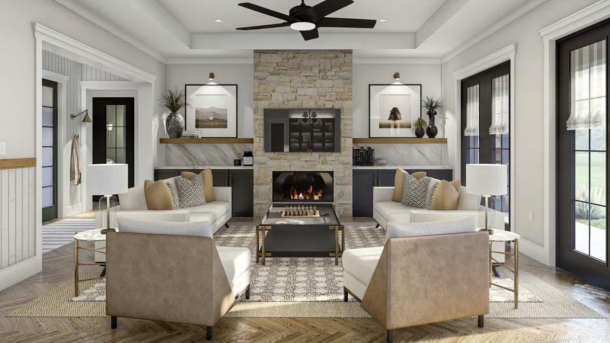 Stone Fireplace Wall That Earns Its Floor-to-Ceiling Height
