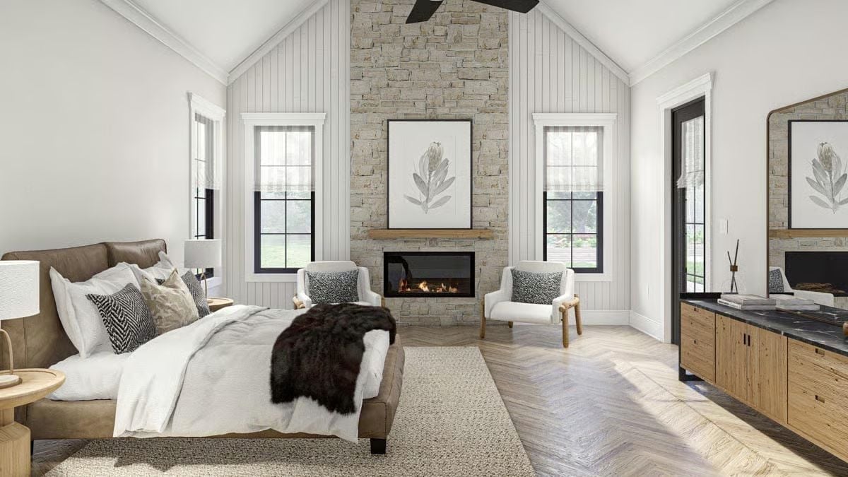 Vaulted Stone Fireplace Bedroom Where the Fur Throw Does the Heavy Lifting
