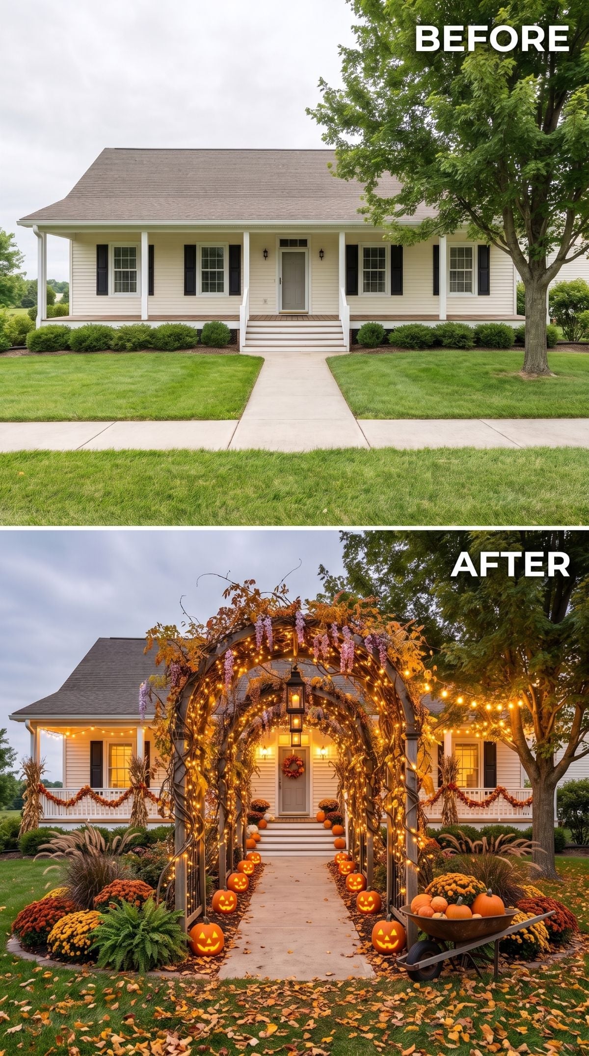 Arched Pergola, Jack-o'-Lanterns, and Fairy Lights Turn One Ranch's Walkway Into Halloween's Best Entrance