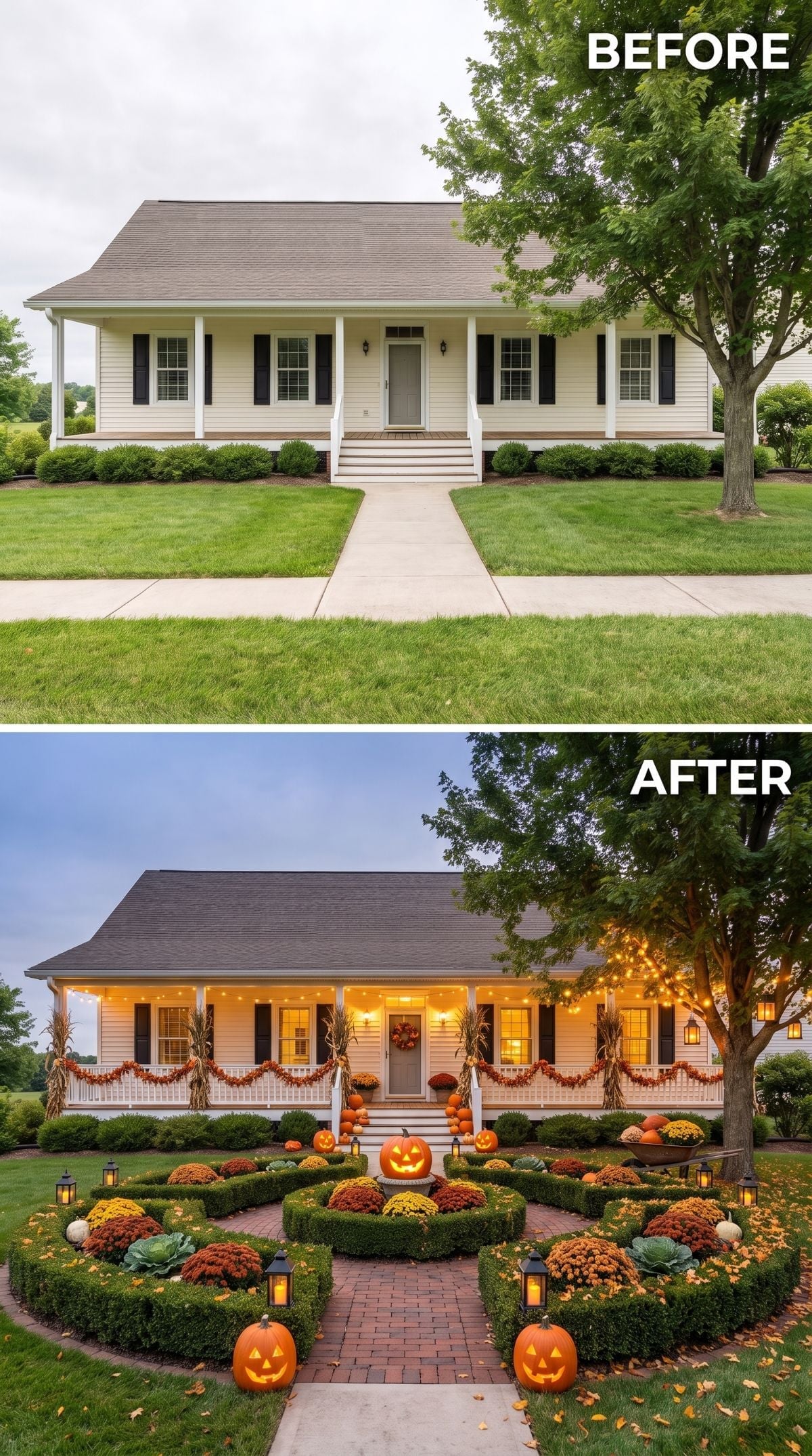 Boxwood Parterres, Brick Pavers, and Jack-o'-Lanterns Nail Country Halloween Curb Appeal