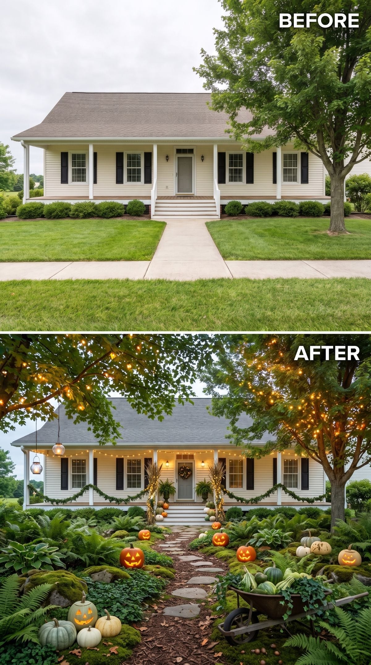 Fern Beds, Glowing Jack-o'-Lanterns, and Fairy Lights Rescue a Bare Ranch Walkway