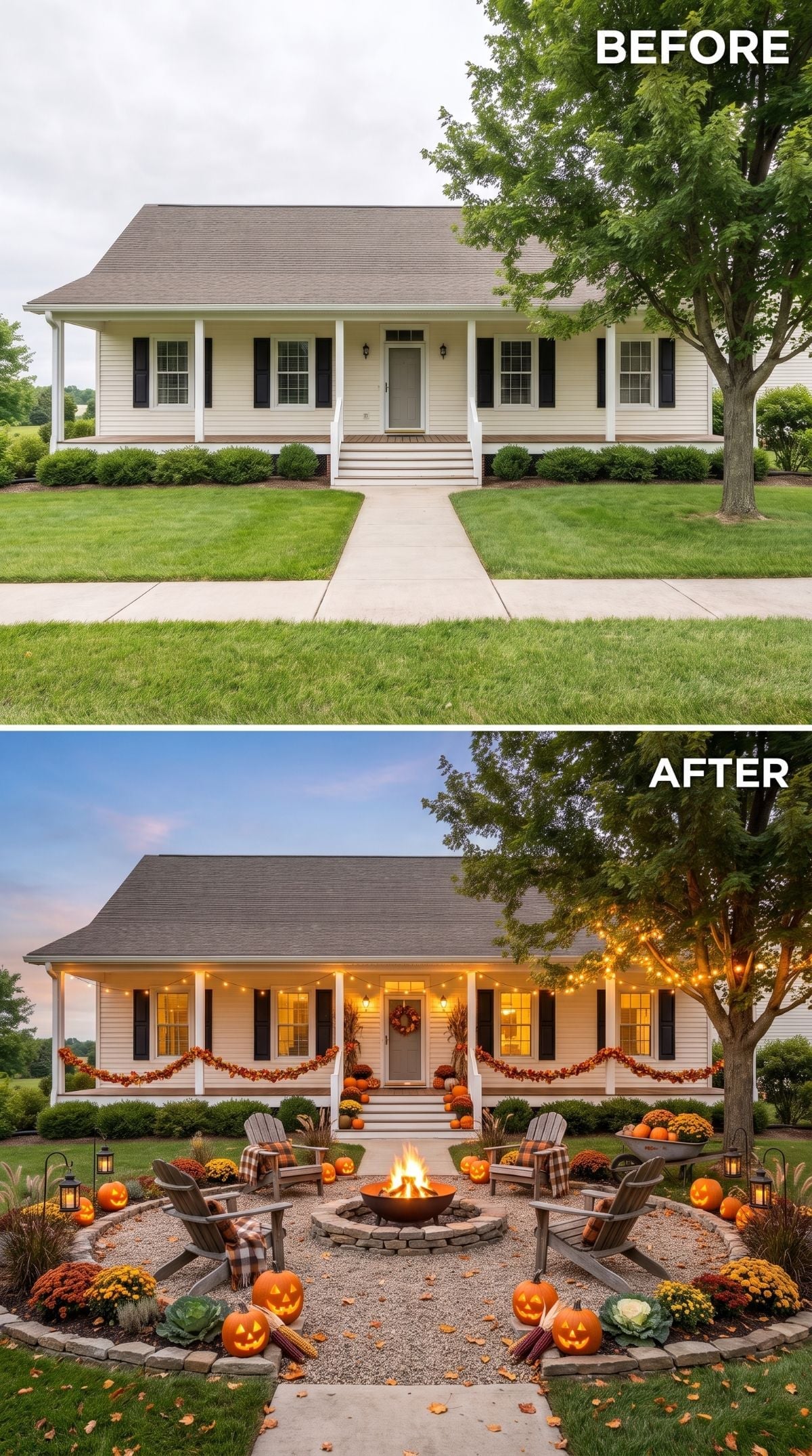 Fire Pit, Adirondack Chairs, and Jack-o'-Lanterns Rewrite a Plain Front Lawn