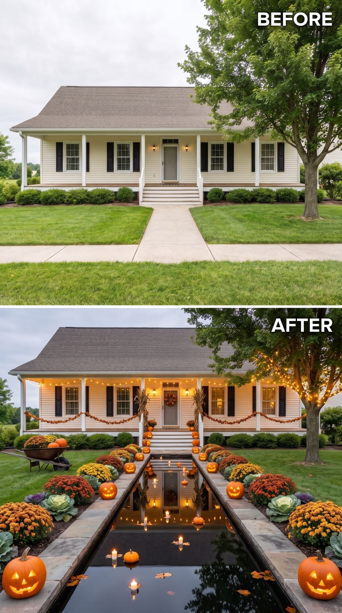 Floating Candles, Jack-o'-Lanterns, and Mums Steal the Show Along This Walkway