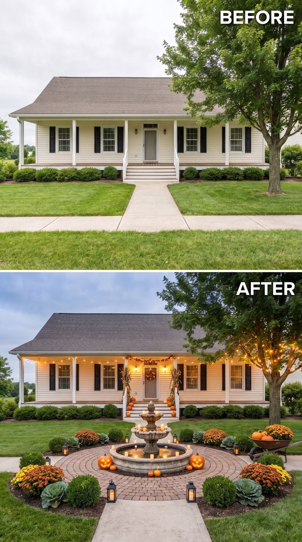 Fountain, Jack-o'-Lanterns, and String Lights Give This Ranch Yard a Fall Focal Point Worth Stopping For