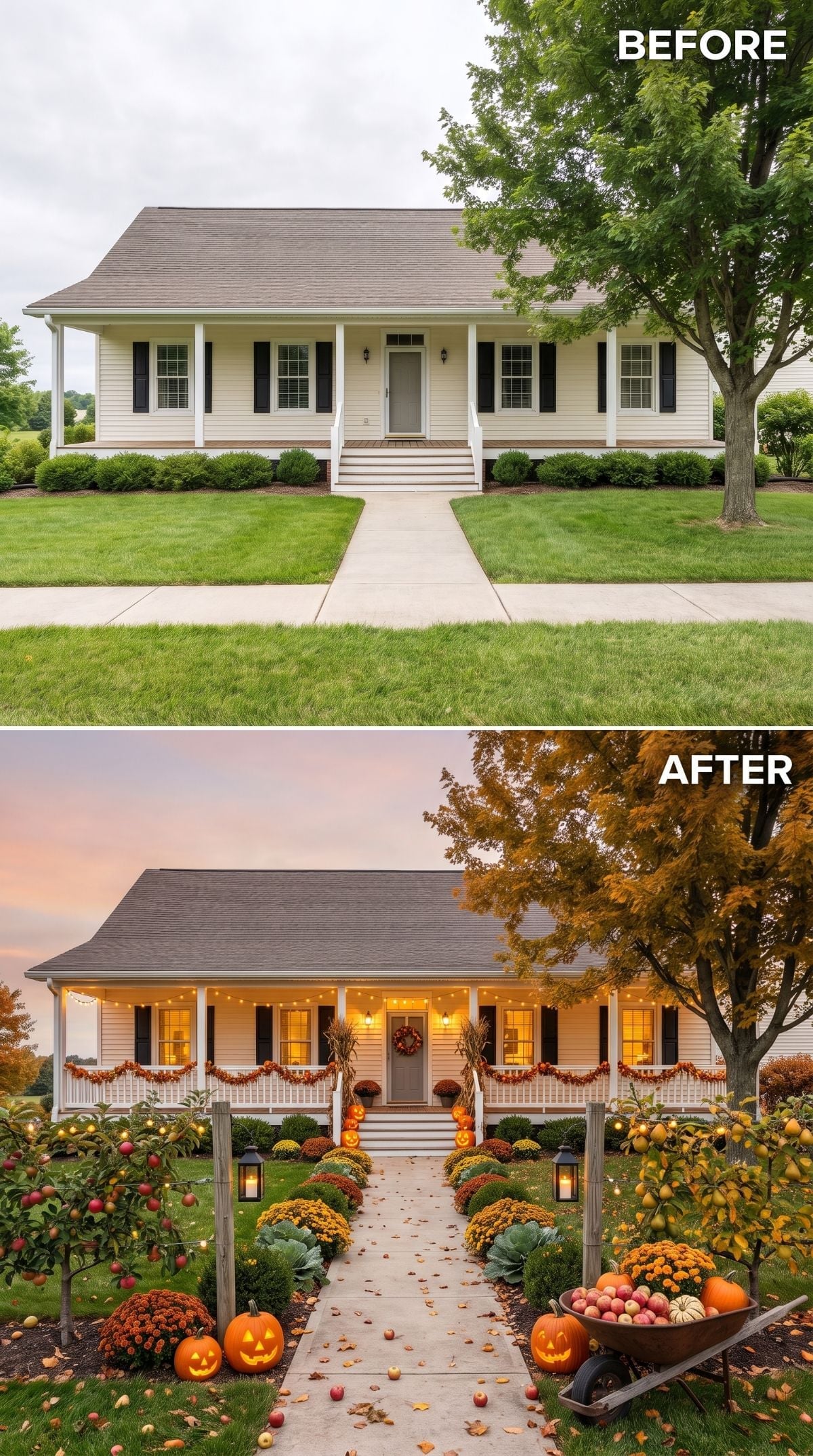 Fruit Trees, Mums, and Jack-o'-Lanterns Gave This Ranch's Fall Curb Appeal a Harvest Soul