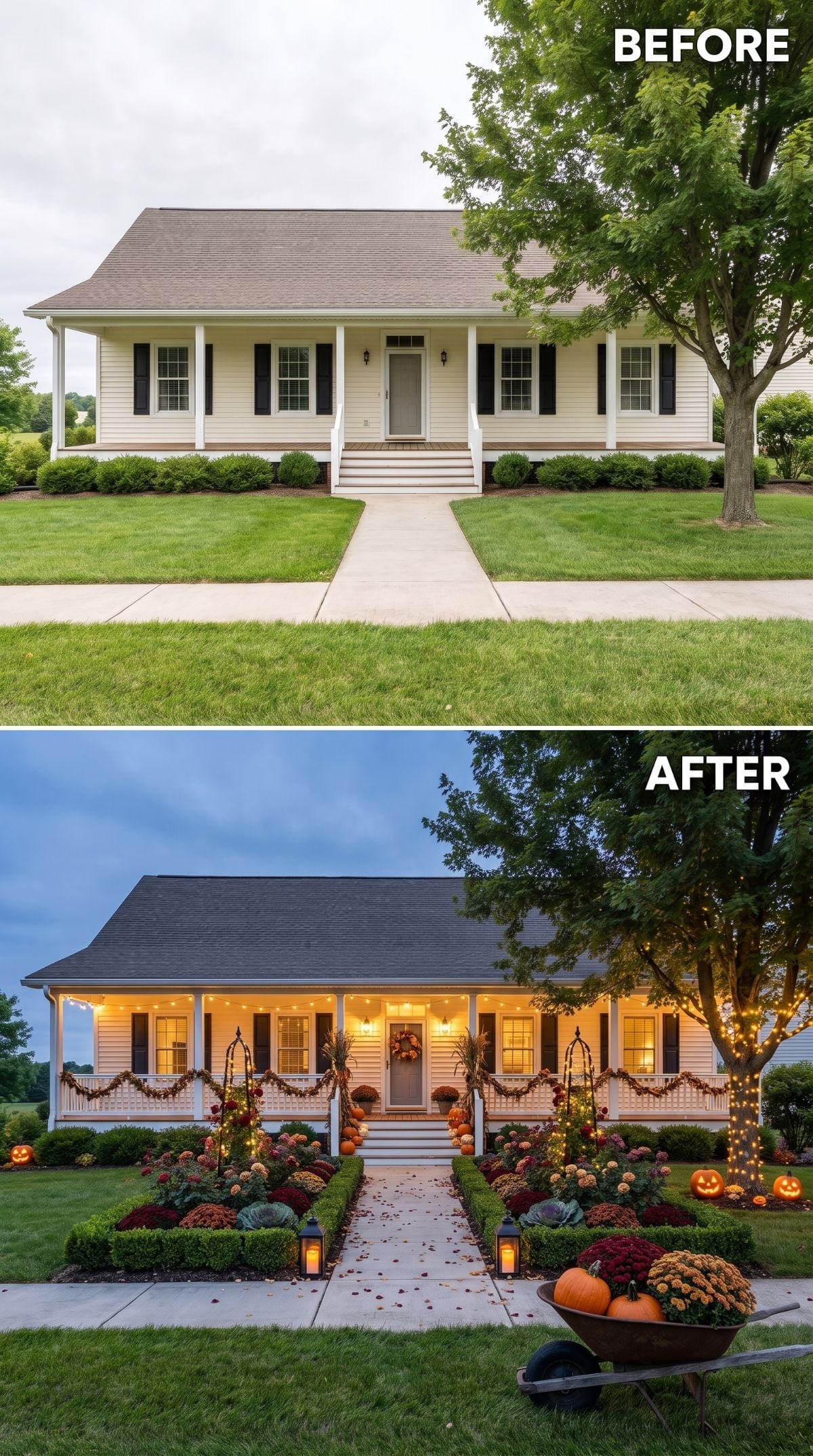 Garland, Glowing Pumpkins, and String Lights Turn a Plain Ranch Porch Into Fall's Warmest Welcome