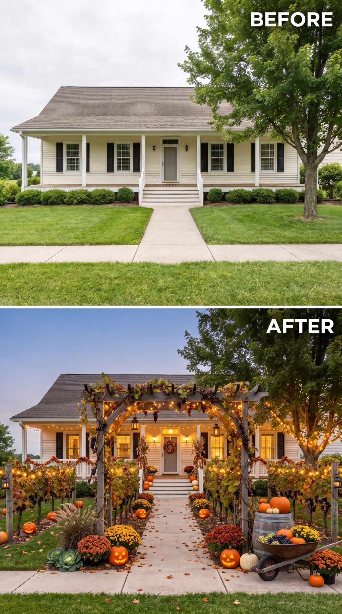 Grapevine Pergola, Barrel Display, and Jack-o'-Lanterns Gave One Ranch's Fall Curb Appeal Real Depth