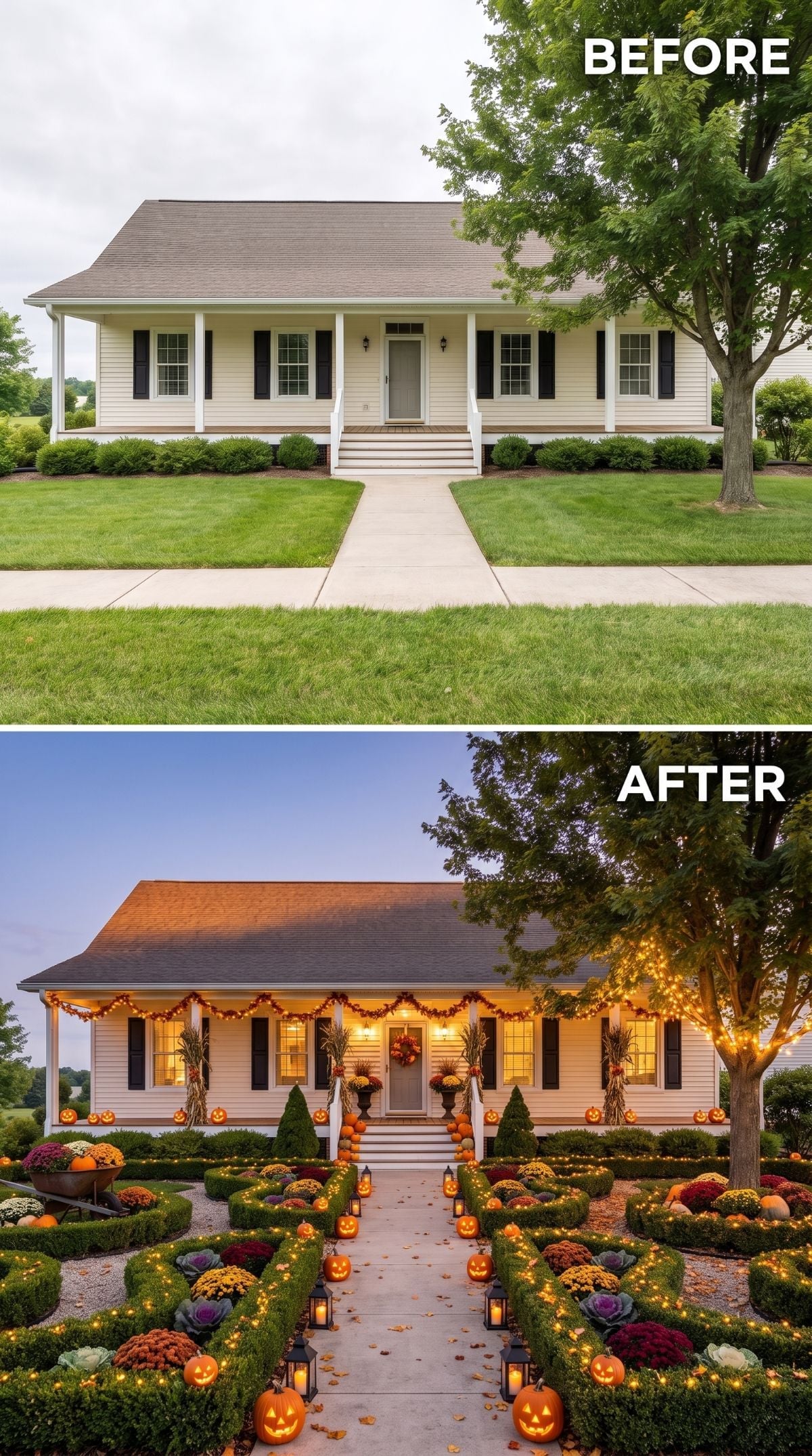 Hedge Parterre, Glowing Lanterns, and Jack-o'-Lanterns Gave This Ranch Front Yard a Halloween Identity Worth Copying
