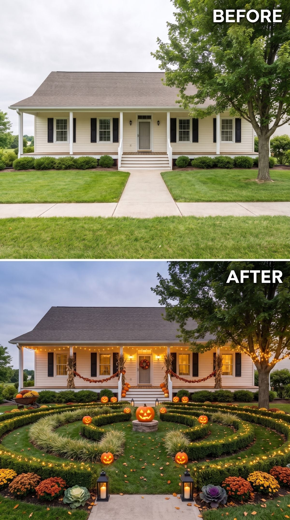 Hedge Rings, Jack-o'-Lanterns, and Cornstalks Give This Ranch's Fall Curb Appeal Real Structure