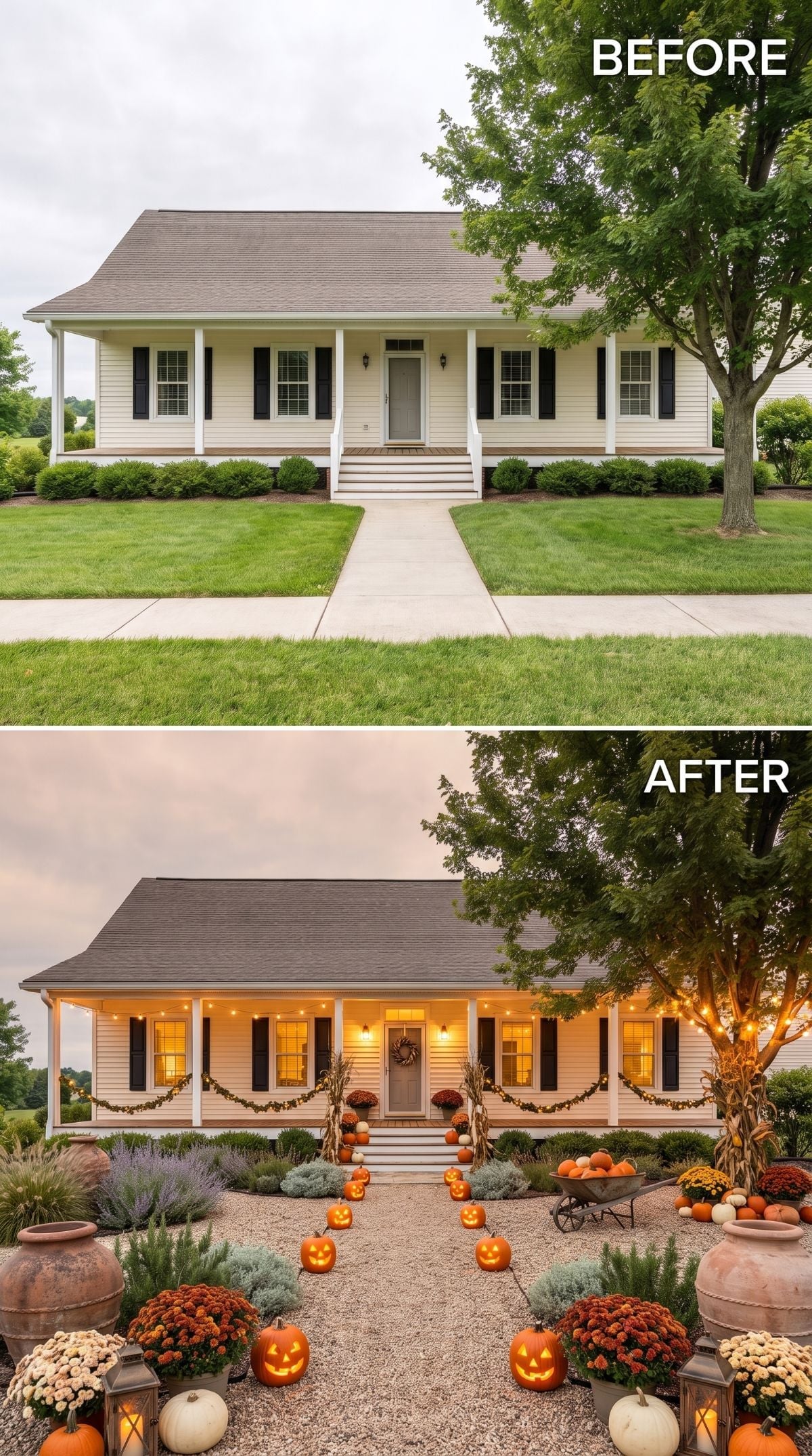 Jack-o'-Lanterns, Garland, and String Lights Give This Ranch's Halloween Curb Appeal a Warm Glow