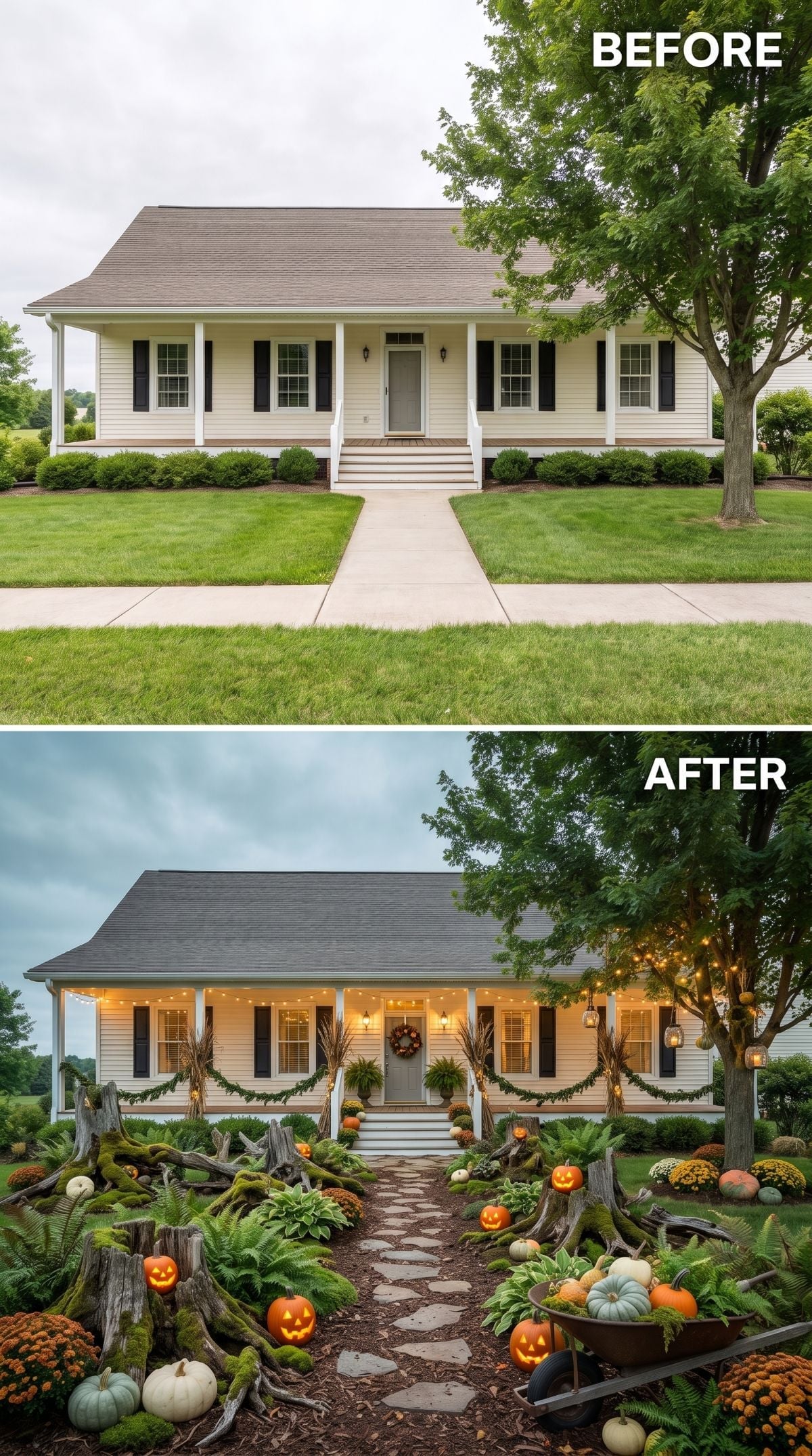 Mossy Stumps, Glowing Jack-o'-Lanterns, and String Lights Gave This Ranch Front Yard a Halloween Soul