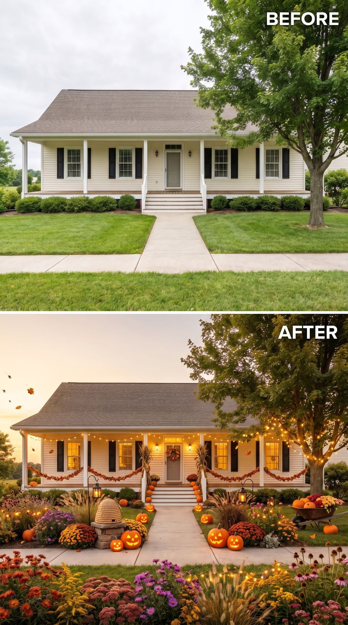 Mums, Jack-o'-Lanterns, and Harvest Garland Give This Ranch Porch Its Best Night Ever